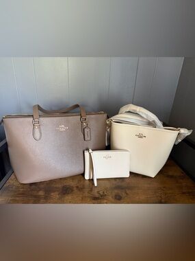 Coach Pebble Leather Tote and Bucket Bag Set in Taupe and Chalk